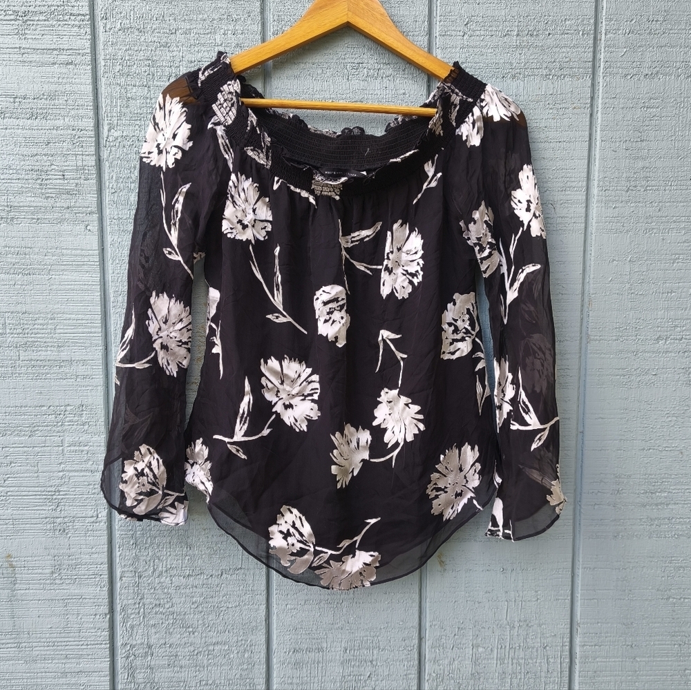 WHBM Silk Burnout Floral Smocked Off Shoulder Blouse sz S Black White